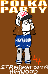 Size: 2220x3400 | Tagged: safe, artist:44nifty, oc, oc only, oc:polka party, pony, album cover, album parody, angry, blue jacket, brown background, brown eyes, brown mane, cap, clothes, facial hair, glasses, goatee, hat, jacket, parody of a parody, ponified, ponified album cover, ponified music artist, ponified musician, ponified voice actor, scowl, signature, simple background, solo, song reference, straight outta lynwood, wavy mane, weird al yankovic, white coat