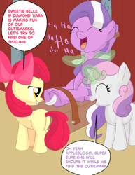 Size: 1480x1920 | Tagged: safe, artist:theponytickler, derpibooru exclusive, apple bloom, diamond tiara, sweetie belle, earth pony, pony, unicorn, g4, feather, female, filly, foal, horn, laughing, magic, speech bubble, telekinesis, tickle torture, tickling, trio, trio female