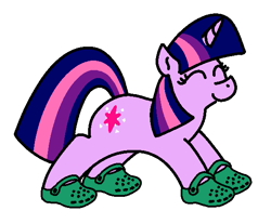 Size: 585x485 | Tagged: safe, artist:purblehoers, twilight sparkle, pony, unicorn, g4, crocs, eyes closed, horn, simple background, smiling, solo, twilight crockle, unicorn twilight, white background