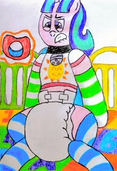 Size: 2142x3128 | Tagged: safe, artist:bitter sweetness, starlight glimmer, pony, unicorn, g4, abdl, adult foal, bell, bell collar, clothes, collar, diaper, diaper fetish, fetish, gritted teeth, high res, horn, levitation, looking at you, magic, non-baby in diaper, pacifier, playmat, poofy diaper, simple background, socks, striped socks, teeth, telekinesis, traditional art, white background