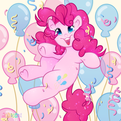 Size: 2160x2160 | Tagged: safe, artist:audreen, pinkie pie, earth pony, pony, g4, balloon, cute, diapinkes, hoof heart, open mouth, open smile, smiling, solo, starry eyes, underhoof, wingding eyes