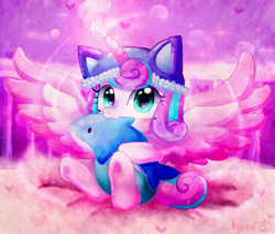 Size: 1047x890 | Tagged: safe, artist:camilla_, princess flurry heart, alicorn, pony, g4, baby, baby pony, chewing, cute, eating, female, filly, flurrybetes, foal, glowing, glowing horn, hat, heart, heart eyes, holding, horn, looking at you, plushie, smiling, solo, spread wings, wingding eyes, wings