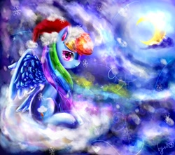 Size: 1700x1500 | Tagged: safe, artist:camilla_, rainbow dash, pegasus, pony, g4, christmas, cloud, crescent moon, female, hat, holiday, looking at you, mare, moon, night, on a cloud, outdoors, santa hat, signature, sitting, sitting on a cloud, smiling, solo, spread wings, wings