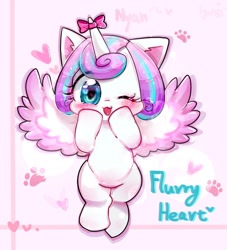 Size: 1450x1600 | Tagged: safe, artist:camilla_, princess flurry heart, alicorn, pony, g4, baby, baby pony, blushing, bow, cute, daaaaaaaaaaaw, female, filly, flurrybetes, foal, heart, heart eyes, horn, horn bow, looking at you, one eye closed, solo, spread wings, weapons-grade cute, wingding eyes, wings