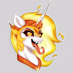 Size: 2560x2560 | Tagged: safe, artist:murny, daybreaker, pony, unicorn, g4, bust, fangs, gray background, horn, long tongue, portrait, simple background, solo, sternocleidomastoid, tongue out