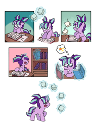 Size: 768x1024 | Tagged: safe, artist:driftwoodpony, starlight glimmer, pony, unicorn, g4, book, bookshelf, comic, female, filly, filly starlight glimmer, foal, frown, glowing, glowing horn, horn, levitation, magic, no dialogue, pigtails, solo, sunburst's cutie mark, telekinesis, thought bubble, tongue out, younger