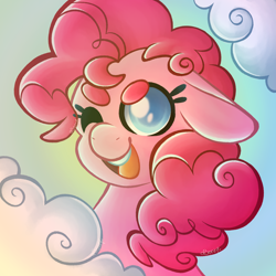 Size: 2500x2500 | Tagged: safe, artist:abonne01, pinkie pie, earth pony, pony, g4, bust, cloud, cute, diapinkes, female, floppy ears, mare, one eye closed, open mouth, open smile, portrait, smiling, solo, sun, wink