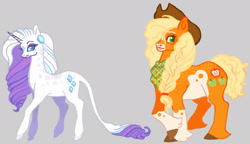 Size: 1980x1143 | Tagged: safe, artist:sweetpinkheart0, earth pony, pony, unicorn, alternate design, duo, duo female, female, gray background, horn, mare, redesign, reference sheet, simple background, smiling