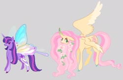 Size: 1865x1205 | Tagged: safe, artist:sweetpinkheart0, fluttershy, twilight sparkle, alicorn, pegasus, pony, g4, alicornified, alternate design, butterfly wings, duo, duo female, female, fluttercorn, mare, race swap, redesign, reference sheet, wings