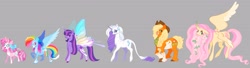 Size: 3907x1070 | Tagged: safe, artist:sweetpinkheart0, applejack, fluttershy, pinkie pie, rainbow dash, rarity, twilight sparkle, alicorn, earth pony, pegasus, pony, unicorn, g4, alicornified, alternate design, fluttercorn, gray background, horn, mane six, race swap, redesign, simple background