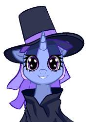 Size: 374x480 | Tagged: safe, artist:neuro, oc, oc only, oc:flawless sparklemoon, pony, unicorn, my little pony the movie: the death of twilight sparkle, bust, cloak, clothes, female, fusion, fusion:trixie, fusion:twilight sparkle, fusion:twixie, grin, hat, horn, looking at you, mare, simple background, smiling, smiling at you, solo, starry eyes, top hat, transparent background, wingding eyes