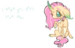 Size: 1572x1019 | Tagged: safe, artist:sweetpinkheart0, fluttershy, pony, g4, english, female, mare, raised hoof, simple background, solo, species swap, text, white background