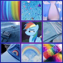 Size: 1280x1280 | Tagged: safe, artist:pixiecutz, screencap, rainbow dash, pegasus, g4, adidas, blue, blue background, bracelet, cap, cassette player, clothes, cloud, hat, headphones, jacket, jewelry, moodboard, multicolored hair, painting, rainbow, rainbow hair, simple background, solo