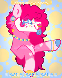 Size: 828x1041 | Tagged: source needed, safe, artist:pixiecutz, pinkie pie, earth pony, pony, g4, :p, abstract background, blue tongue, bracelet, colored hooves, ear piercing, female, hooves, jewelry, looking at you, mare, multicolored hooves, necklace, nose piercing, nose ring, piercing, redesign, smiling, smiling at you, solo, tongue out