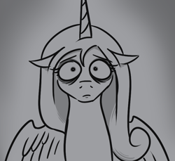 Size: 757x694 | Tagged: safe, artist:jargon scott, princess cadance, alicorn, pony, g4, bags under eyes, bust, female, floppy ears, frown, grayscale, looking at you, mare, monochrome, pinpoint eyes, solo