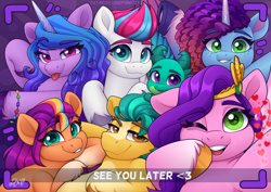 Size: 3000x2121 | Tagged: safe, artist:rivin177, hitch trailblazer, izzy moonbow, misty brightdawn, pipp petals, sparky sparkeroni, sunny starscout, zipp storm, earth pony, pegasus, pony, unicorn, g5, make your mark, my little pony: make your mark, spoiler:g5, :p, abstract background, adorapipp, adorazipp, belly, blue coat, blue mane, bracelet, brown eyes, camera shot, cute, cyan eyes, end of g5, female, floating heart, friendship bracelet, gradient mane, green eyes, green mane, green skin, grin, group photo, heart, high res, hooves, horn, izzybetes, jewelry, looking at you, m, male, mane five, mane seven (g5), mane six (g5), mane stripe sunny, mare, mistybetes, orange coat, purple coat, purple eyes, purple hooves, purple mane, raised hoof, rebirth misty, see you later, silver hooves, smiling, smirk, spread wings, stallion, sunnybetes, text, tongue out, two toned mane, underhoof, unshorn fetlocks, wings, yellow coat