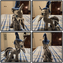 Size: 1628x1628 | Tagged: safe, artist:manehattanplushies, star swirl the bearded, original species, plush pony, unicorn, g4, beard, bell, facial hair, hat, hooves, horn, indoors, irl, male, moustache, multiple views, photo, plushie, stallion, wizard, wizard hat