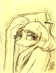 Size: 3624x4716 | Tagged: safe, artist:mannybcadavera, pinkie pie, earth pony, pony, g4, absurd resolution, bust, female, floppy ears, frown, lidded eyes, looking at you, looking back, looking back at you, looking over shoulder, mare, monochrome, pinkamena diane pie, signature, solo, traditional art