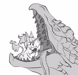 Size: 4096x3942 | Tagged: safe, artist:opalacorn, oc, oc only, dragon, pony, unicorn, female, grayscale, horn, leonine tail, looking at something, mare, monochrome, open mouth, open smile, simple background, sitting, smiling, tail, tongue out, tooth, white background