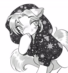 Size: 3836x4096 | Tagged: safe, artist:opalacorn, oc, oc only, earth pony, pony, clothes, eyebrows, eyebrows visible through hair, female, floppy ears, grayscale, hoodie, lidded eyes, mare, monochrome, simple background, solo, white background