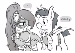 Size: 4096x2889 | Tagged: safe, artist:opalacorn, oc, oc only, oc:ondrea, oc:thunder run, bat pony, pegasus, pony, ..., baby carrier, bat pony oc, clothes, costume, dialogue, doll, duo, duo male and female, female, looking at each other, looking at someone, male, mare, mummy costume, narrowed eyes, nightmare night costume, oc x oc, shipping, simple background, stallion, straight, thundrea, toy, white background