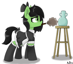 Size: 2842x2499 | Tagged: safe, artist:aubs, oc, oc only, oc:filly anon, earth pony, pony, clothes, duster, female, filly, maid, mouth hold, newbie artist training grounds, simple background, skirt, socks, solo, vase, white background