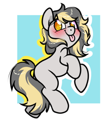 Size: 850x920 | Tagged: safe, artist:paperbagpony, oc, oc only, oc:totalspark, unicorn, blushing, horn, passepartout, solo, tongue out, unicorn oc