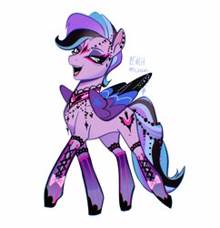 Size: 2477x2560 | Tagged: safe, artist:peachmichea, queen haven, pegasus, pony, g5, bow, colored wings, concave belly, ear piercing, earring, emo, face paint, female, jewelry, legwear, lidded eyes, mare, multicolored wings, open mouth, open smile, piercing, ponymania, simple background, slender, smiling, solo, thin, white background, wings