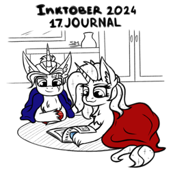 Size: 1000x1000 | Tagged: safe, artist:sunamoonmlp, derpibooru exclusive, oc, oc:sunamoon, alicorn, pony, g4, cute, duo, female, horn, inktober, inktober 2024, journal, male, wings