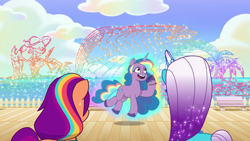 Size: 1920x1080 | Tagged: safe, screencap, comet (g5), izzy moonbow, sunny starscout, auroricorn, earth pony, pony, unicorn, g5, my little pony: tell your tale, the water park, spoiler:g5, spoiler:my little pony: tell your tale, spoiler:tyts02e23, creation, female, glowing, horn, izzy rainbow, male, mane stripe sunny, mare, multicolored hair, outdoors, rainbow hair, stallion, sweat, transformation