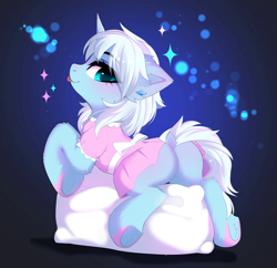 Size: 3848x3723 | Tagged: safe, artist:empress-twilight, oc, oc only, oc:cristal tundra, pony, unicorn, :p, blushing, butt, commission, dock, ear fluff, eye clipping through hair, eyebrows, eyebrows visible through hair, female, horn, looking back, lying down, mare, pillow, plot, prone, smiling, solo, sparkles, tail, tongue out, underhoof, unicorn oc, unshorn fetlocks, ych result