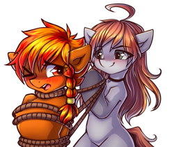 Size: 4164x3508 | Tagged: oc name needed, safe, artist:chaosangeldesu, oc, oc only, oc:flaming hoof, earth pony, pegasus, pony, blushing, bondage, braid, commission, duo, one eye closed, one eye open, rope, rope bondage, simple background, sketch, tied, tied up, transparent background