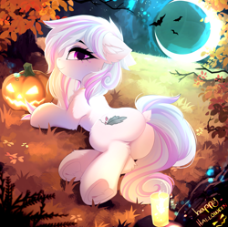 Size: 3393x3380 | Tagged: safe, artist:empress-twilight, oc, oc only, oc:mello, bat, earth pony, pony, butt, candle, chest fluff, commission, cute, dock, ear fluff, earth pony oc, eyebrows, eyebrows visible through hair, female, grass, halloween, holiday, horn, jack-o-lantern, leg fluff, lying down, mare, moon, ocbetes, on side, outdoors, plot, pumpkin, solo, tail, tree, underhoof, wings, ych result