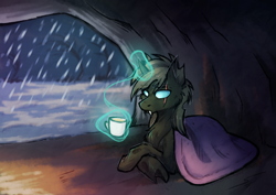 Size: 3536x2500 | Tagged: safe, artist:lonerdemiurge_nail, oc, oc only, changeling, pony, blanket, camp, cave, magic, mug, outdoors, sketch, snow, snowfall, solo