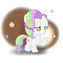 Size: 1593x1593 | Tagged: safe, artist:弋唷, coconut cream, earth pony, pony, g4, chibi, cutie mark background, female, filly, foal, raised hoof, solo