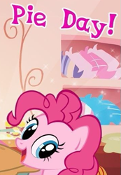 Size: 359x519 | Tagged: safe, gameloft, pinkie pie, earth pony, pony, g4, candy, cropped, english, female, food, indoors, looking at you, mare, meme, pie, solo, sugarcube corner, text, wow! glimmer