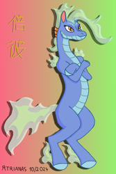 Size: 3000x4500 | Tagged: safe, artist:atrianas, baihe (tfh), dragon, hybrid, longma, them's fightin' herds, community related, crossed arms, gradient background, mane of fire, solo, tail, tail of fire