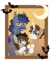 Size: 1149x1391 | Tagged: safe, artist:hopenotfound, oc, oc only, oc:gaia, oc:lunar night, oc:ryolit, bat pony, pony, unicorn, female, filly, foal, horn, male, mare, simple background, stallion, transparent background