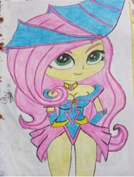 Size: 1080x1422 | Tagged: safe, artist:flutteryaylove, fluttershy, human, mlp fim's fourteenth anniversary, g4, dark magician girl, drawing, humanized, looking away, simple background, smiling, traditional art