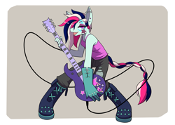 Size: 1407x1000 | Tagged: safe, artist:howxu, oc, oc only, earth pony, anthro, clothes, ear piercing, guitar, musical instrument, open mouth, open smile, pants, passepartout, piercing, ripped pants, smiling, solo, tank top, torn clothes