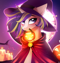 Size: 4087x4307 | Tagged: safe, artist:2pandita, oc, oc only, oc:brass scribe, pony, unicorn, candle, commission, hat, horn, moon, outdoors, pumpkin bucket, solo, unicorn oc, witch hat, ych result