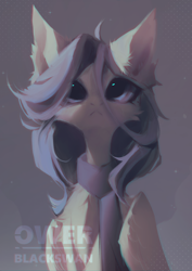 Size: 1920x2715 | Tagged: safe, artist:blcksswn, oc, oc only, oc:shilie, pegasus, pony, :<, abstract background, ambiguous gender, big ears, big eyes, cheek fluff, chest fluff, clothes, commission, ear fluff, folded wings, frown, gray coat, lineless, long mane, looking up, pegasus oc, purple eyes, purple mane, scarf, slender, solo, sparkles, thin, watermark, wingding eyes, wings