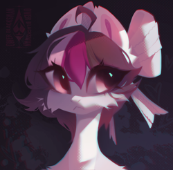 Size: 1920x1887 | Tagged: oc name needed, safe, artist:blcksswn, oc, oc only, earth pony, pony, :<, abstract background, ahoge, bangs, big ears, big eyes, bow, bust, cheek fluff, colored pinnae, ear fluff, earth pony oc, eyelashes, female, female oc, frown, hair bow, looking away, looking to the right, mare, mare oc, purple mane, shiny eyes, short mane, shoulder fluff, three toned mane, white coat, yellow eyes