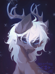 Size: 1920x2577 | Tagged: oc name needed, safe, artist:blcksswn, oc, oc only, hybrid, pony, ambiguous gender, antlers, big eyes, blue eyes, bust, colored eyebrows, colored pinnae, commission, ear fluff, fangs, gradient background, gray coat, hybrid oc, long mane, looking at you, neck fluff, portrait, shoulder fluff, smiling, smiling at you, snow, snowflake, solo, watermark, white mane, wingding eyes