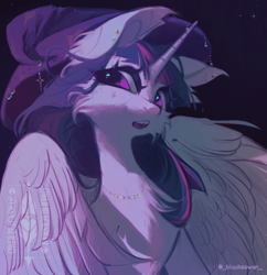 Size: 1920x1983 | Tagged: safe, artist:blcksswn, twilight sparkle, alicorn, pony, g4, atrist: blacksswan , big ears, big eyes, bucktooth, cheek fluff, chest fluff, ear fluff, ear piercing, earring, eye clipping through hair, female, hat, horn, jewelry, long horn, long mane, looking away, mare, multicolored mane, necklace, open mouth, partially open wings, piercing, purple coat, purple eyes, shiny eyes, signature, slender, solo, sparkles, starry background, stars, tall ears, thick eyelashes, thin, three toned mane, tooth gap, twilight sparkle (alicorn), watermark, wing fluff, wings, wizard hat