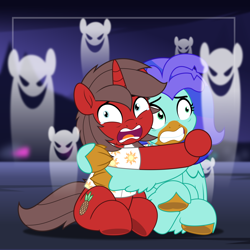 Size: 5000x5000 | Tagged: safe, artist:jhayarr23, oc, oc only, oc:ironyoshi, oc:sea lilly, classical hippogriff, ghost, hippogriff, undead, unicorn, clothes, commission, halloween, holding each other, holiday, horn, scared, shirt, ych result