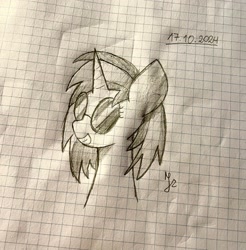 Size: 2639x2677 | Tagged: safe, artist:japkozjad, dj pon-3, vinyl scratch, unicorn, g4, bust, drawing, glasses, graph paper, horn, monochrome, portrait, sketch, smiling, solo, traditional art