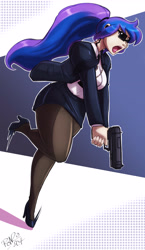 Size: 2816x4840 | Tagged: safe, artist:king-kakapo, artist:shonuff44, derpibooru exclusive, princess luna, human, g4, agent, badge, breasts, business suit, busty princess luna, clothes, collaboration, colored, earpiece, female, gun, handgun, high heels, humanized, jacket, necktie, pantyhose, pistol, ponytail, shoes, skirt, skirt suit, solo, suit, sunglasses, thighs, thunder thighs