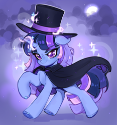 Size: 1948x2092 | Tagged: safe, artist:nilu, oc, oc only, oc:flawless sparklemoon, pony, unicorn, my little pony the movie: the death of twilight sparkle, abstract background, cloak, clothes, commission, female, fusion, fusion:trixie, fusion:twilight sparkle, fusion:twixie, hat, horn, looking forward, magician outfit, mare, smiling, smirk, solo, top hat, unicorn oc