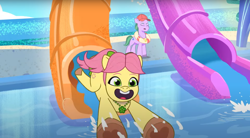 Size: 1680x930 | Tagged: safe, screencap, posey bloom, earth pony, pony, g5, my little pony: tell your tale, the water park, spoiler:g5, spoiler:my little pony: tell your tale, spoiler:tyts02e23, anatomically incorrect, female, incorrect leg anatomy, mare, open mouth, open smile, outdoors, smiling, water, water park, water slide, when she smiles